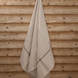 Lina dvielis 80x150cm ar tautisku lentu (sūnu pelēkzaļa) abās dvieļa malās